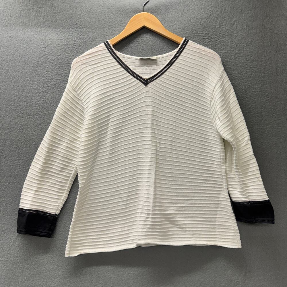 Margaret Winters Sweater Womens XS White Black Detail V-Neck Ribbed‎ Knit USA